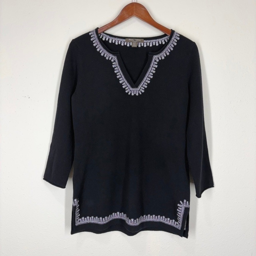 Tommy Bahama Womens Cashmere Pineapple Embroidered Sweater SP Black V-Neck Tunic